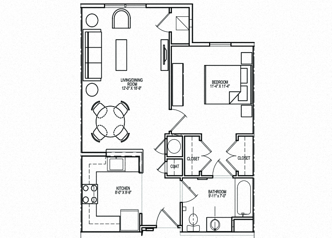 Floor plan for 1 bed, 1 bath, 775 sqft